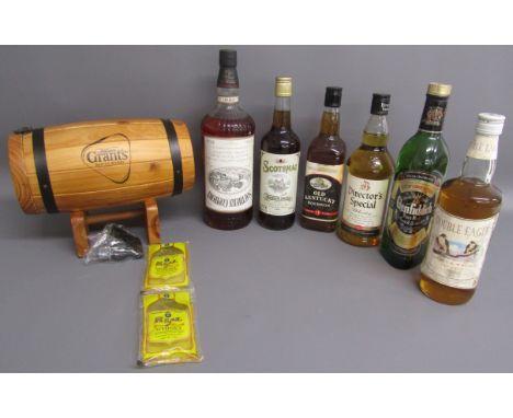 Grant's Scotch Whiskey small cask, Real 7 Whisky sachets, 1.5 litre Southern Comfort, Scotsmac medium sweet Whisky, Old Kentu