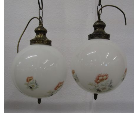 Pair vintage 10" diameter globe opaline and floral deign pendant lights&nbsp;