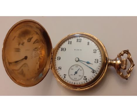 Elgin 14k full hunter keyless side wind fob watch with white enamel dial, Arabic numerals, subsidiary seconds dial and engine