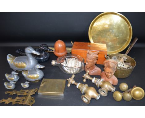 Selection of brass handles / door knobs / pair of gothic hinges, Victorian mahogany caddy, brass saucepan, bath taps, Dimplex