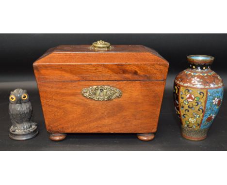 19th century Irish bog oak novelty inkwell, carved as an owl, glass eyes, circular base, 8cm high, c.1880, small cloisonn&eac