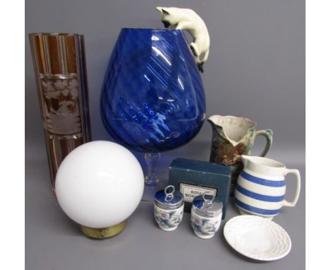 Oversized blue glass with hanging cat and mouse inside, tall glass vase, white glass light shade,&nbsp; Royal Worcester egg c