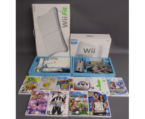 Nintendo WII consoles, WII fit board and games including Mario Party 8 (advised Cheerleader is inside console)