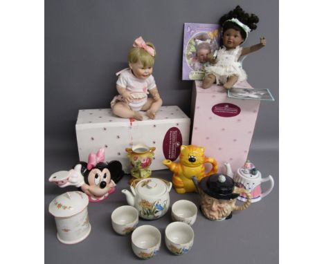 Ashton Drake dolls 'Whitney' and 'Cute as a Button', teapots including Beswick 'Peggotty' and Japan teapots and cups etc&nbsp