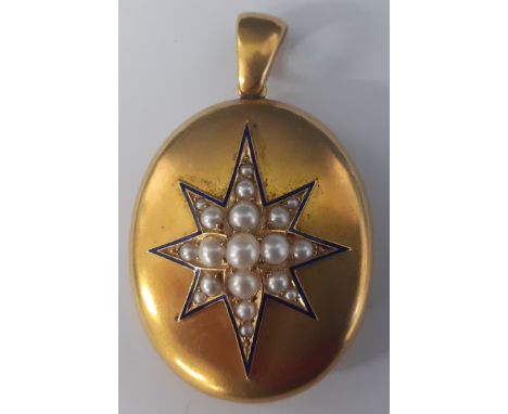 19th century tested as 18ct gold locket decorated with pearl set star framed by blue enamel, 27.89g, 3.5cm x 5.5cm including 