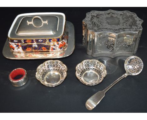 Victorian Britannia metal casket, Pointons Imari pattern sardine dish with plated lid &amp; stand, pair of pierced EPNS dishe