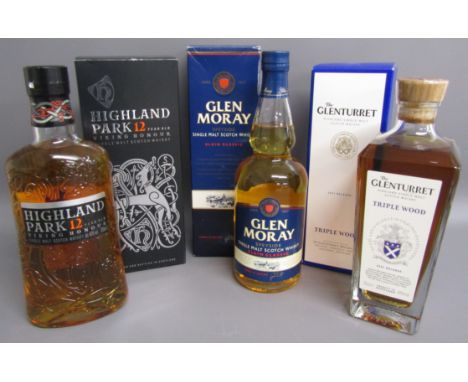 Highland Park 12 Viking Honour single malt Scotch Whisky, Glen Moray Speyside single malt Scotch whisky Elgin Classic and The