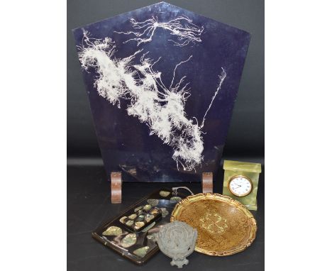 Abstract firescreen, green onyx clock (with Angellus quartz movement), Flemish door knocker, abalone tray &amp; pen stand and