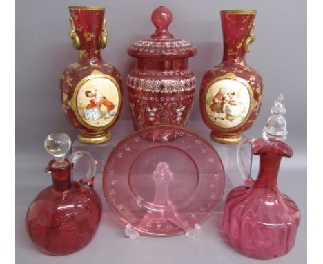 Selection of cranberry glass including bonbon jar, cover &amp; stand with enamel decoration, pair of Bohemian vases with appl