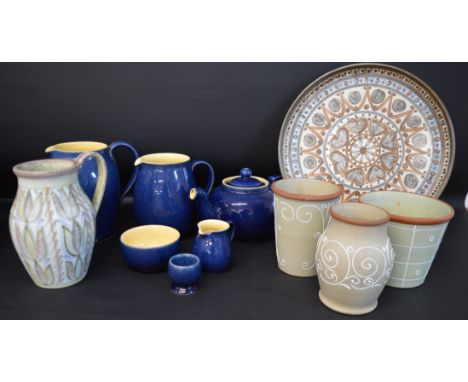 Denby retro pattern charger signed A Cole Parker dia. 36cm, Glyn Colledge signed jug 20cm high, 3 pieces of Denby Ferndale &a