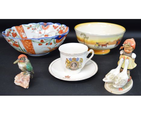 Imari pattern bowl (24.5cm dia.), Royal Doulton coaching scene bowl, Goebel goose girl figurine, commemorative cup &amp; sauc