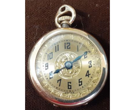 Ladies 14k gold top wind pendant watch with engine turned dial, signed Leon Watch Co, 15 jewel Swiss movement, signed F A Hir