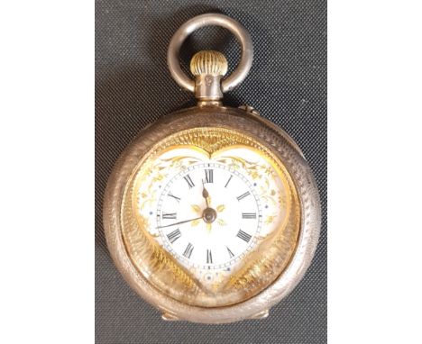 Continental silver gilt top wind fob watch marked 935 with engine turned case, heart shaped chapter ring &amp; enamel dial wi