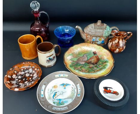 Cranberry glass decanter, Caithness blue etched glass bowl, Carlton ware Austin dish in Firestone tyre etc.