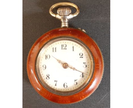 Continental top wind white metal cased fob watch with red guilloche enamel case, marked 800, with gold plated Swiss cylinder 