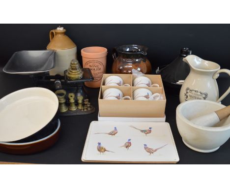 Selection of kitchenalia including pestle &amp; mortar, tagine, set of pheasant mugs, scales &amp; brass bell weights etc.