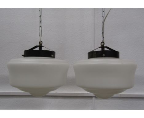 Pair of vintage school house / chapel opaline 12" diameter pendant lights&nbsp;