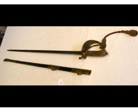 An antique Naval Officer's sword with leather scabbard - 97cm long 