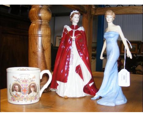 A Royal Worcester figure of The Queen in celebration of her 80th birthday, together with a Royal Doulton figure of Diana, Pri