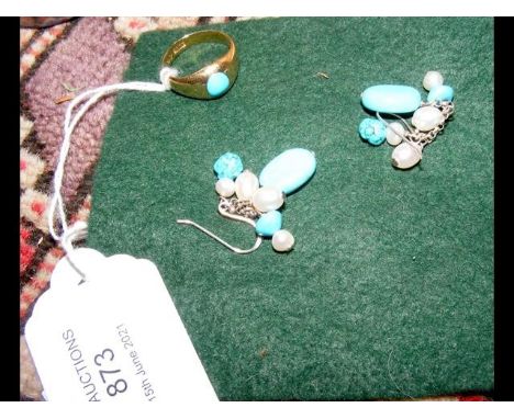 A turquoise ring in 18ct setting together with matching earringsCONDITION REPORTgood conditionas per images6.6g