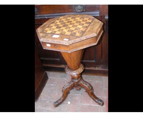 A Victorian trumpet workbox with chess board top 