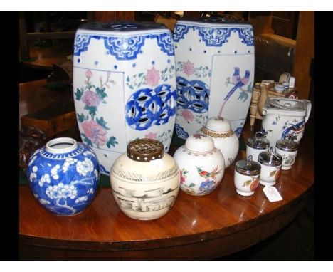 An assortment of oriental ginger jars, Royal Worcester egg coddlers and various teapots, etc. 