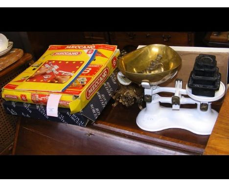 A box of Meccano, a set of vintage kitchen scales, a French style mantel clock and a Royal Worcester plate in box 