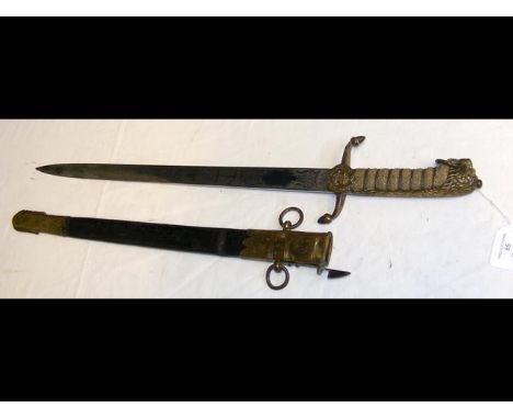 An antique Naval short sword by Gieve &amp; Sons of Portsmouth - with leather scabbard - 59cm long 