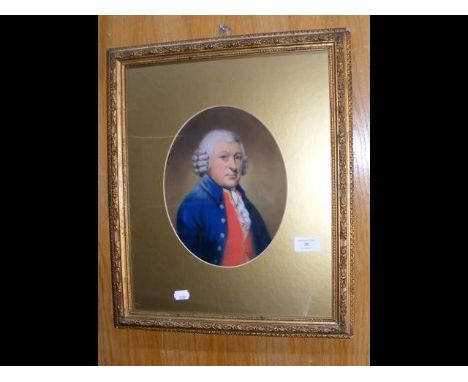 A half length portrait of man wearing blue coat and powdered wig - purportedly by SIR THOMAS LAWRENCE PRA - 1769-1830 - 25cm 
