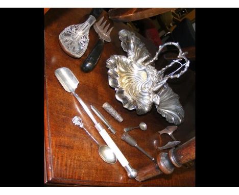 A pair of silver plated salad servers, unusual travelling pen, melon scoop