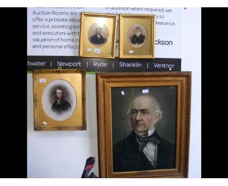 A pair of portraits - husband and wife, together with one other and a coloured portrait print 