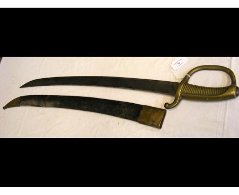 An antique curved military sword with leather scabbard - 76cm long - marked to the hand guard V355 