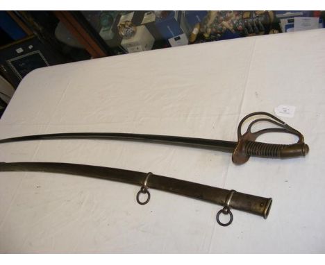 An antique curved Cavalry sword with metal scabbard and wire grip - 110cm long CONDITION REPORTblade - 91cmscabbard - 96cmden