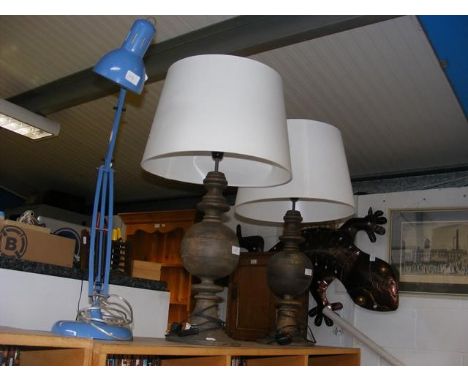 A pair of large table lamps together with a blue angle poise lampCONDITION REPORT.