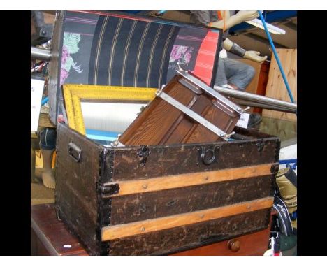 A wood bound trunk together with a Marathon Beaver press and ruler framed wall mirror