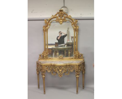 A GOOD LOUIS XVITH STYLE GILTWOOD CONSOLE AND MIRROR with marble top with urns, flowers and column sides. 96ins high x 56ins 