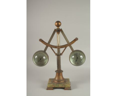 A RARE 19TH CENTURY BRASS AND MARBLE INDUSTRIAL CLOCK, BAROMETER AND THERMOMETER by P. BOTTO, FIRENZE. The clock and baromete