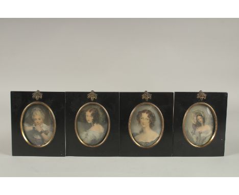 A SET OF FOUR LATE VICTORIAN PORTRAIT MINIATURES OF LADIES. Each: 15cms x 12.5cms.