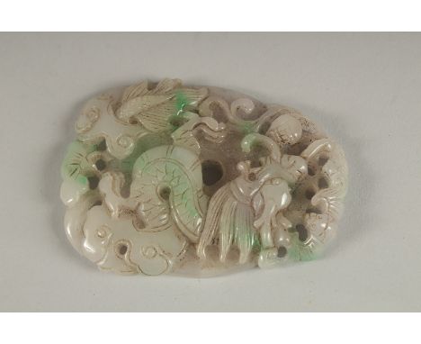 A CHINESE PIERCED JADE CIRCULAR PENDANT. 3.5ins x 2.5ins.