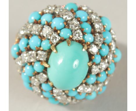 AN 18CT YELLOW GOLD, TURQUOISE AND DIAMOND RING.