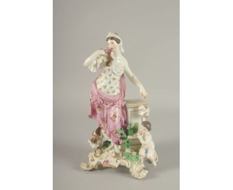A GOOD 19TH CENTURY MEISSEN PORCELAIN CLASSICAL FEMALE FIGURE standing beside a pillar with a small cupid. Cross swords mark 