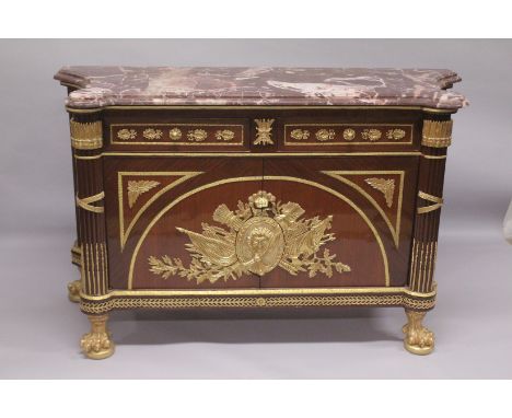 A GOOD LARGE LOUIS XVTH STYLE BRONZE MOUNTED COMMODE with marble top, two small drawers, a pair of panel doors and column sid