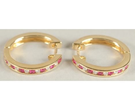 A PAIR OF 18CT YELLOW GOLD, DIAMOND AND RUBY HOOP EARRINGS.