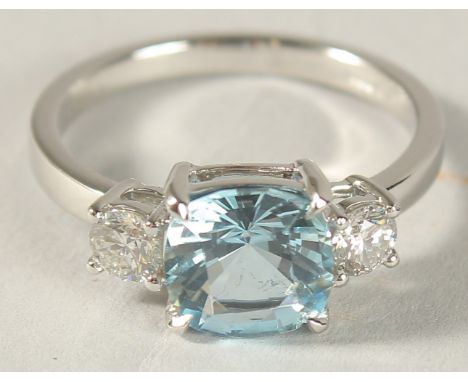 A PLATINUM, AQUAMARINE AND DIAMOND RING, aquamarine 2ct, diamond 0.45ct.