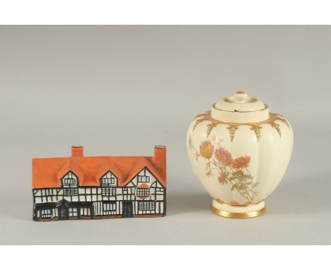 A ROYAL WORCESTER BLUSH IVORY JAR AND COVER, painted with flowers; together with a Willow Art porcelain model of Shakespeare'