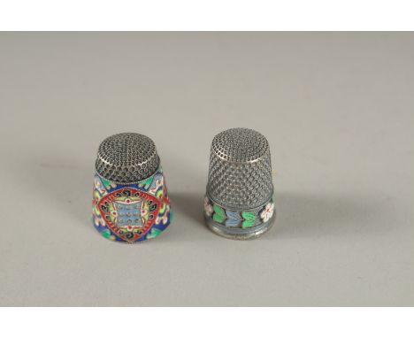 TWO RUSSIAN SILVER AND ENAMEL THIMBLES.