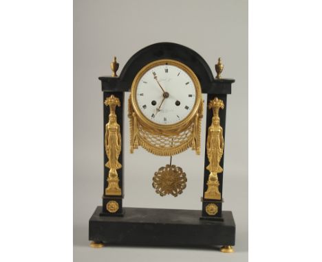 A GOOD EARLY 19TH CENTURY BLACK MARBLE AND ORMOLU CLOCK with circular enamel dial, signed Frenier Jue Rue de le Mennoir A Par