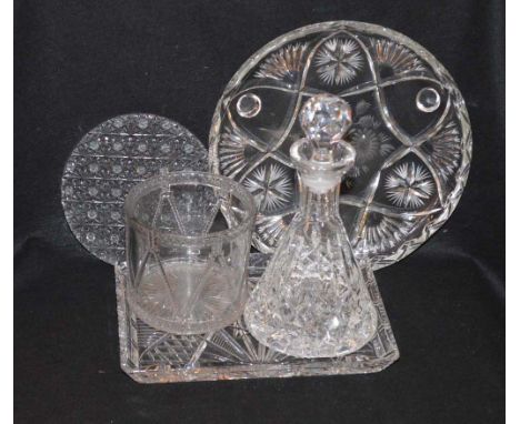  An Early Circular Glass Ice Pail, a Crystal Decanter and Three Crystal Dishes
