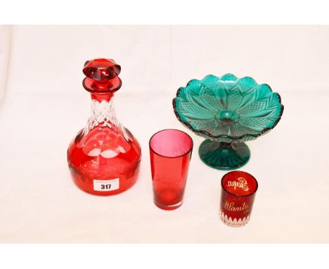 A Ruby Decanter, Two Ruby Tumblers and a Green Glass Comport