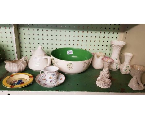 SHELF OF CHINAWARE INCL; CLARICE CLIFF ASHTRAY, TEA POT, BOWL ETC